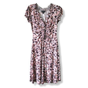 90s Y2K Abstract Print Stretch Jersey Midi Dress S Lettuce Edge Hem Babydoll